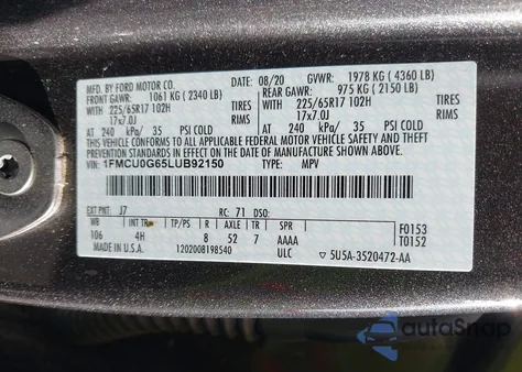 2020 Ford Escape Se z USA, uszkodzony, nr VIN 1FMCU0G65LUB92150